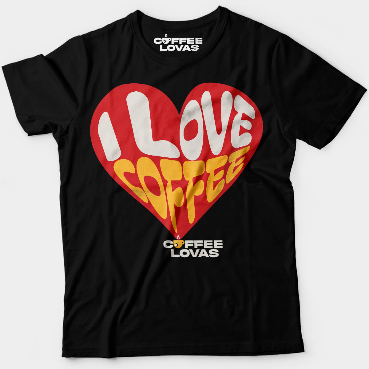I Love Coffee Black tee with bold red heart and retro lettering