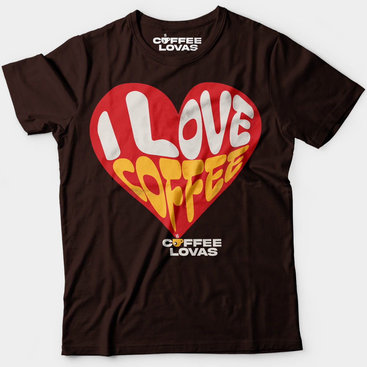 Dark Chocolate I Love Coffee tee with bold red heart and retro lettering