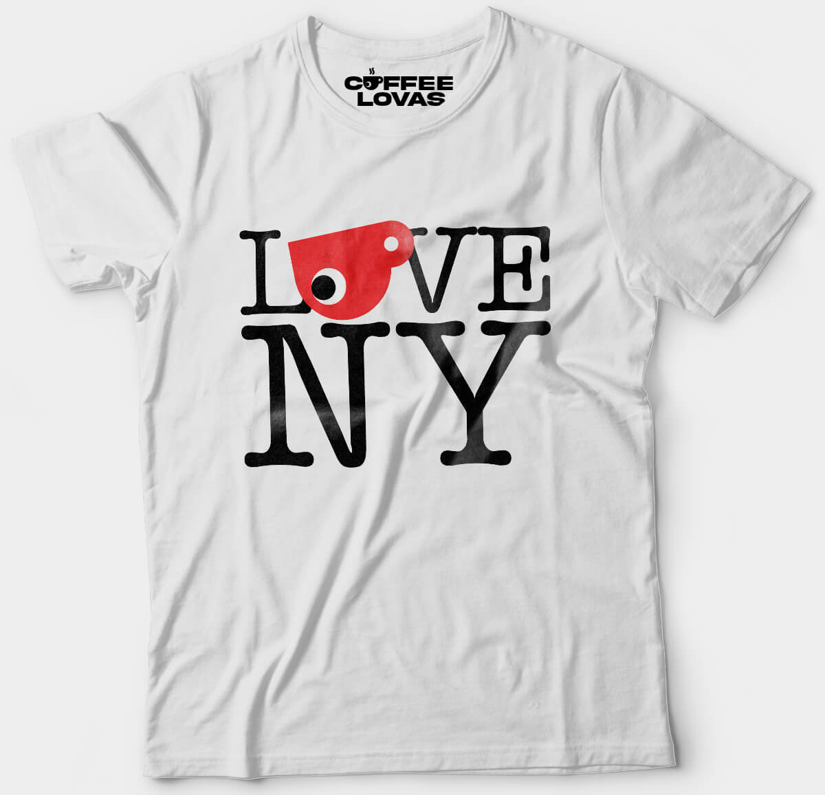 White tee with Love NY coffee graphic bold design