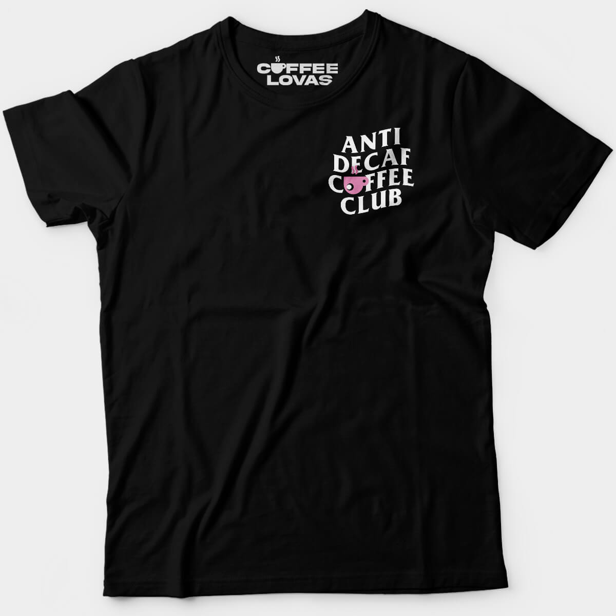 Black Anti Decaf Coffee Club unisex shirt with bold back print and clean front chest logo - front view