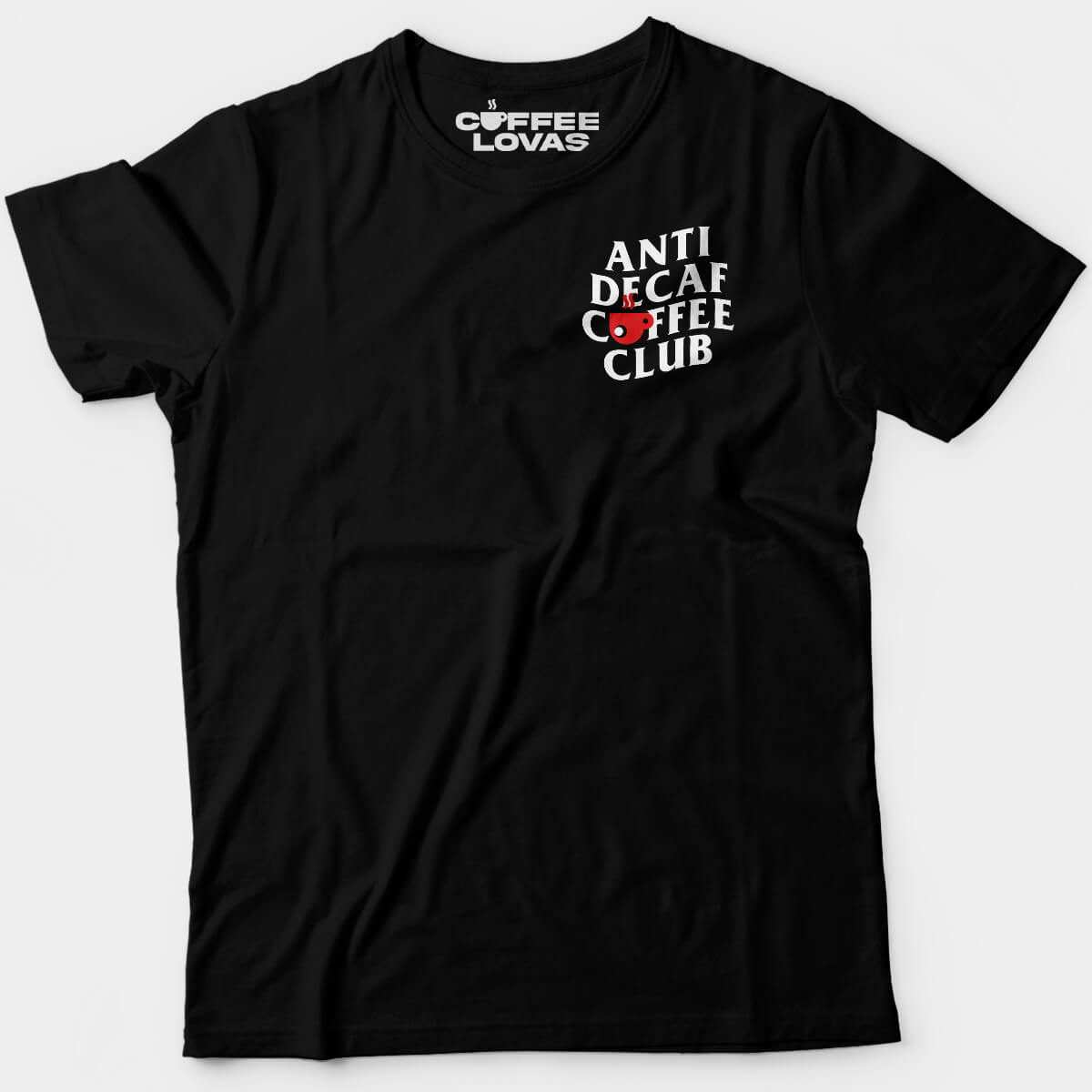 black anti decaf coffee club Coffee Lovas rebellious tee for anti-decaf enthusiasts - front view