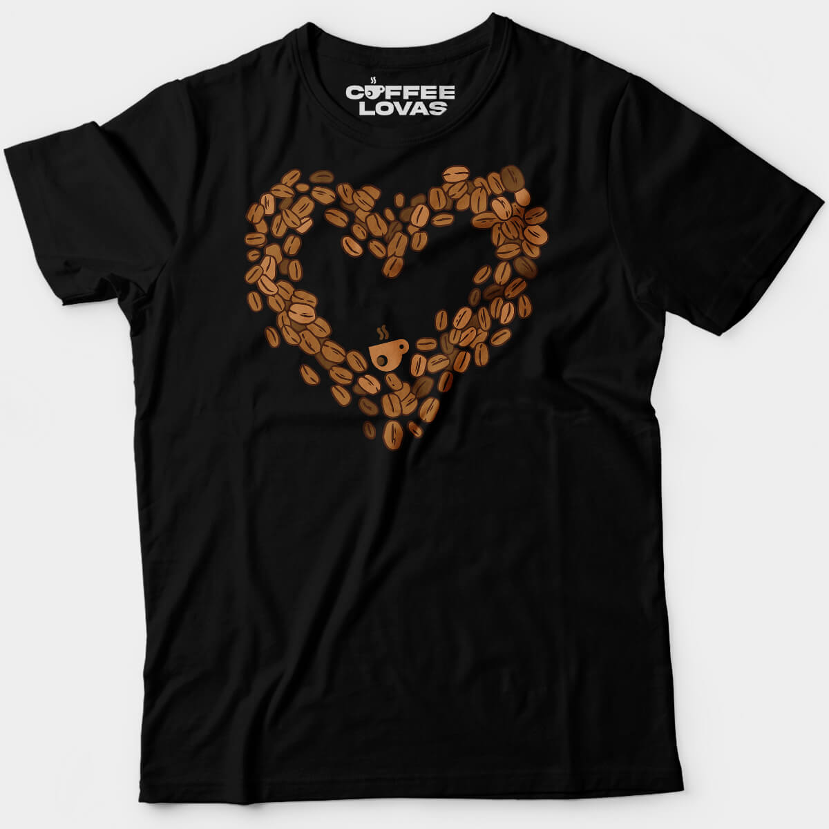 Coffee Lovas black shirt with coffee bean heart graphic