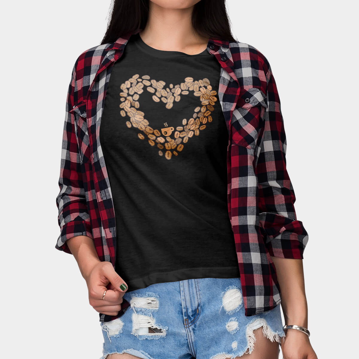 black Bean Love tee with heart made of coffee beans and steaming cup on model