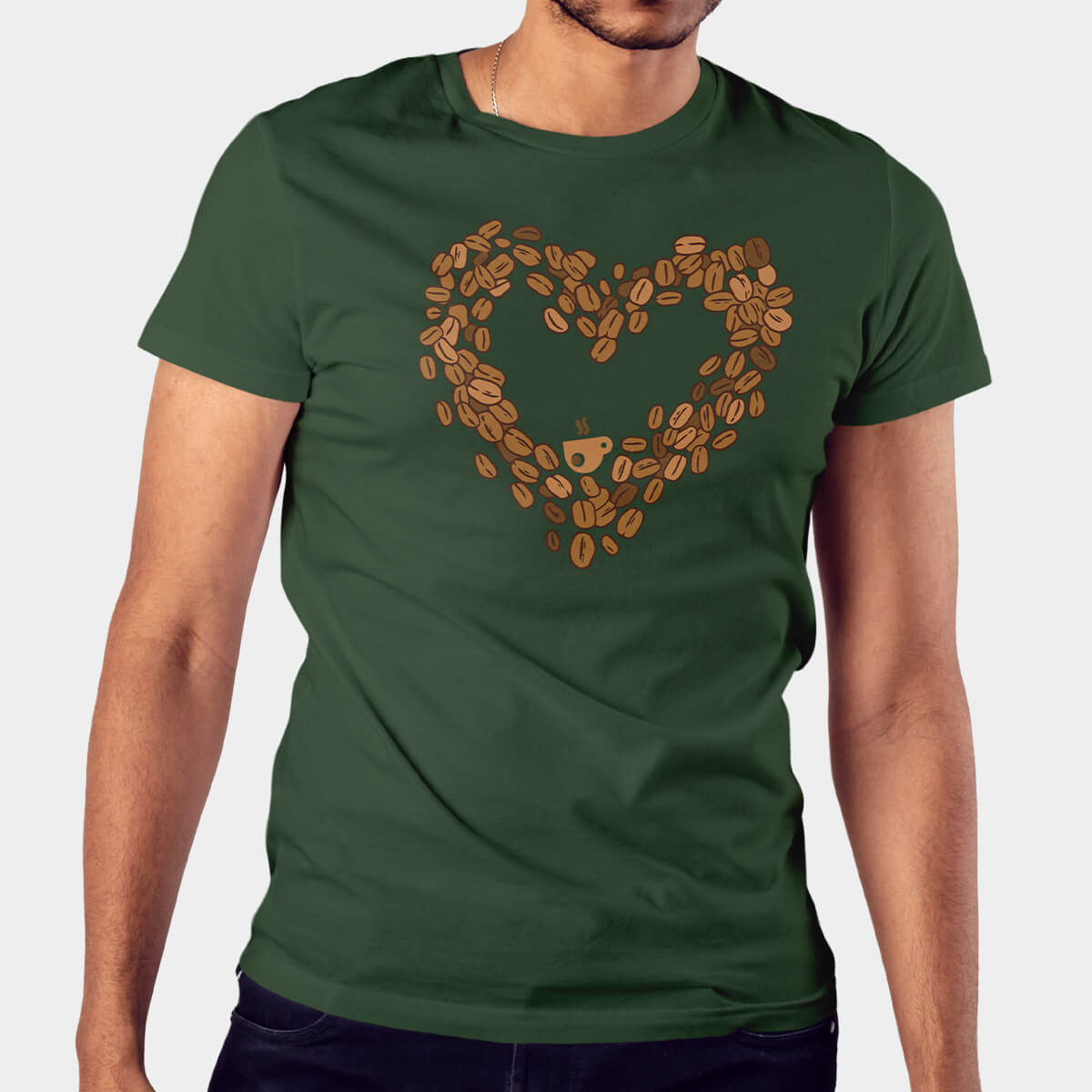 Military Green unisex tee with cozy coffee-themed design on model