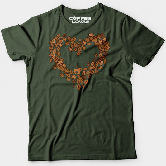 Military Green Bean Love tee with heart made of coffee beans and steaming cup