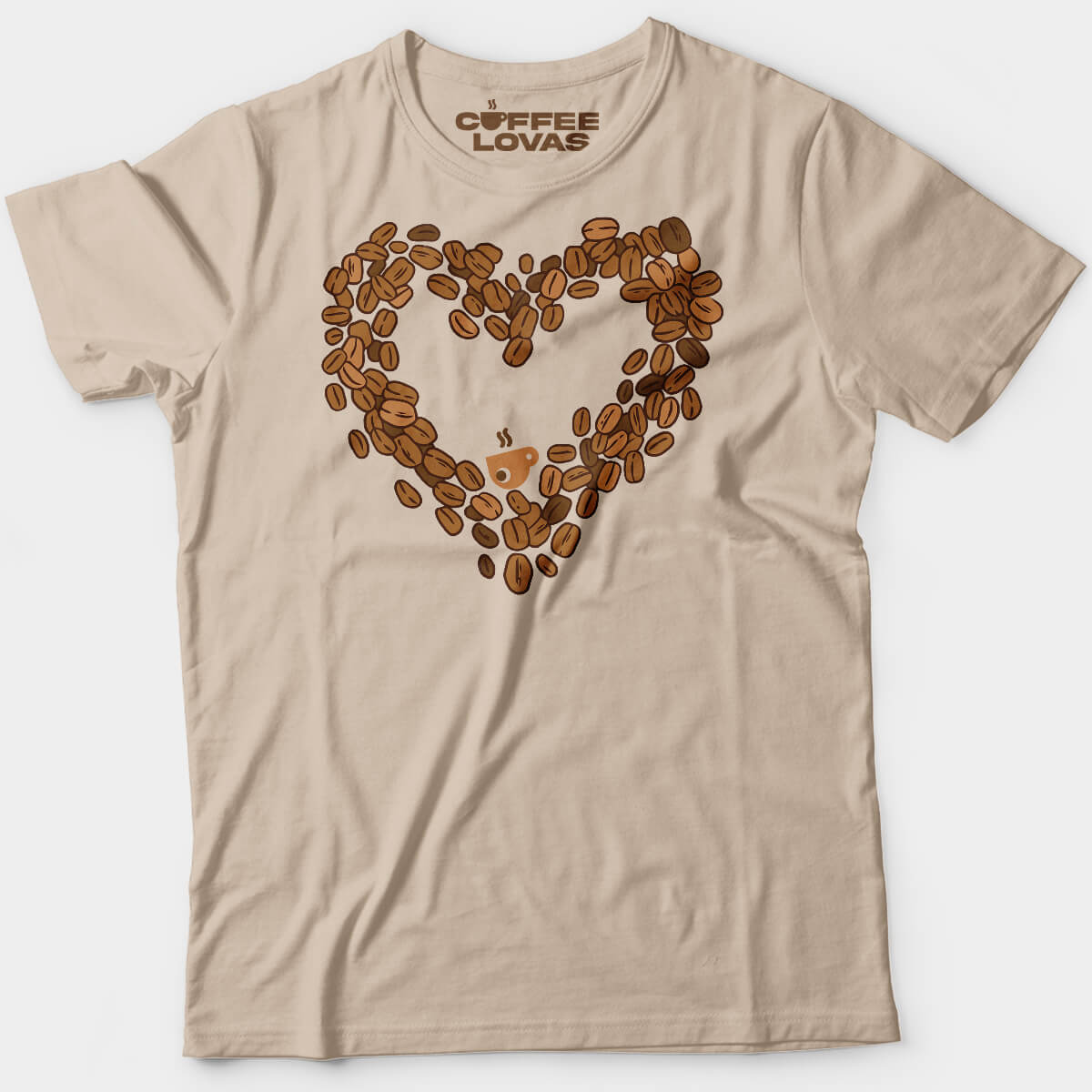 Sand unisex tee with cozy coffee-themed design
