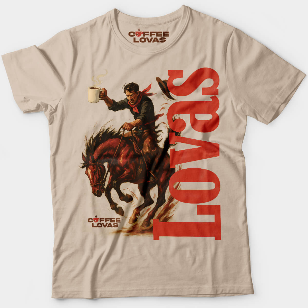 Brewin Bronco tee with cowboy and red LOVAS vertical text