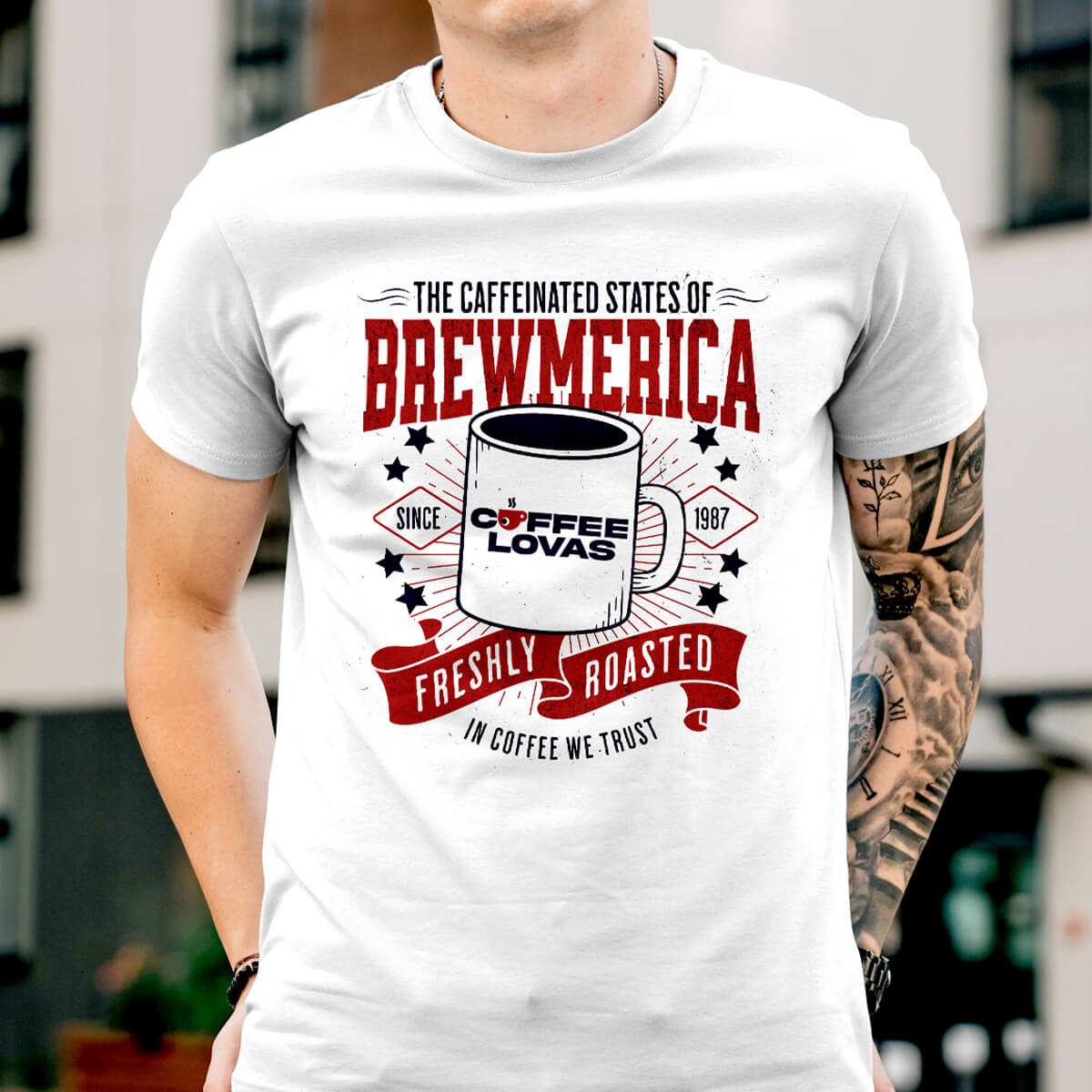 White In Coffee We Trust shirt celebrating American coffee culture