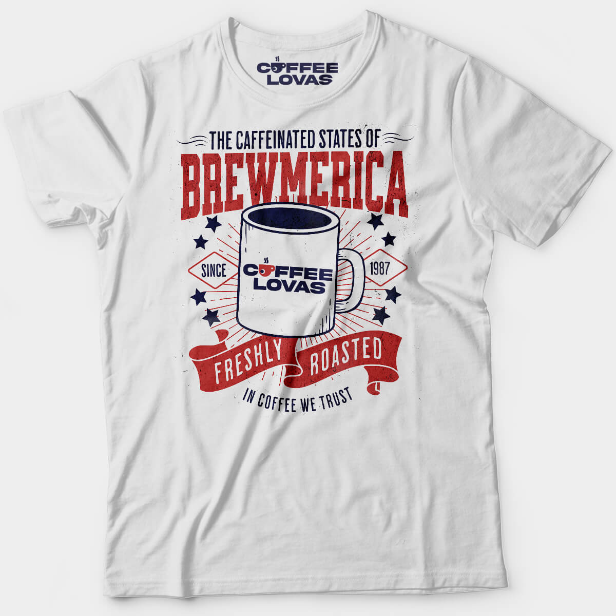 Brewmerica patriotic coffee white tee with vintage design