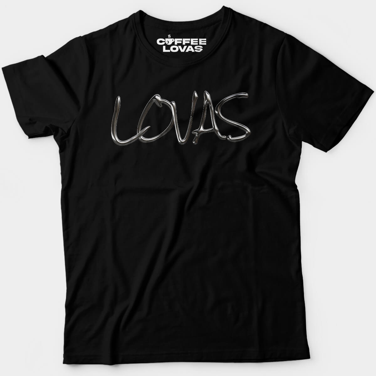 Black Chrome LOVAS script tee coffee culture streetwear shirt with bold typography