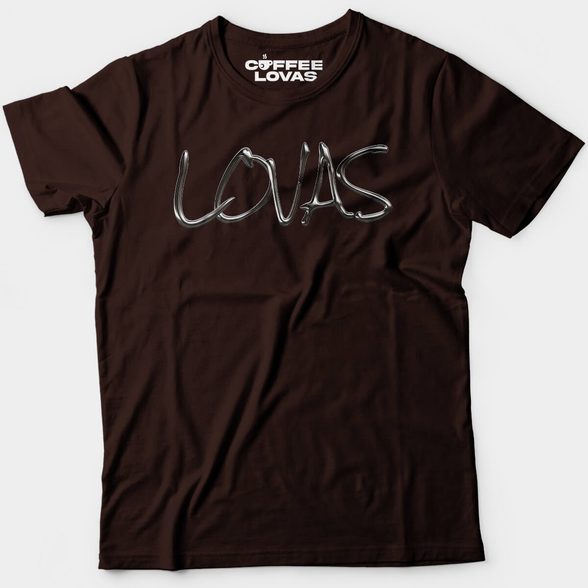 Espresso Dark Chocolate Chrome LOVAS script tee coffee culture streetwear shirt with bold typography