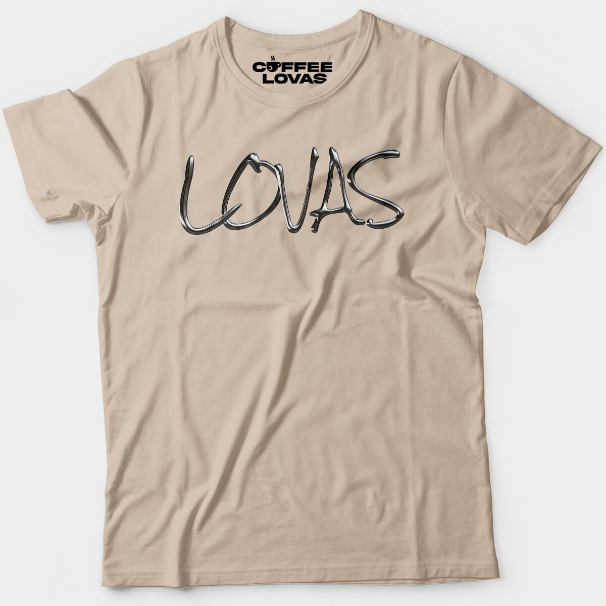 Sand Chrome LOVAS script tee coffee culture streetwear shirt with bold typography