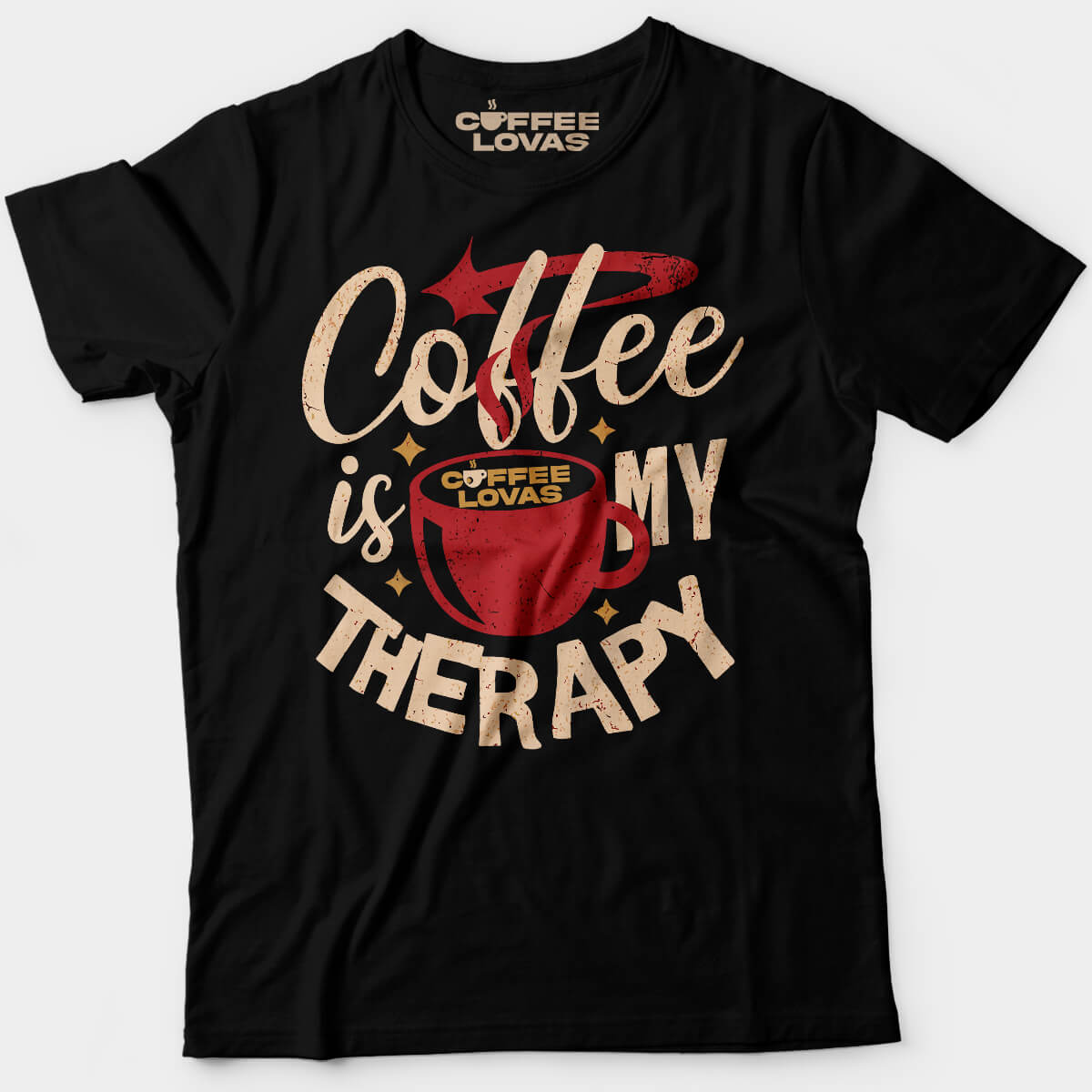 Black Coffee Is My Therapy tee with red mug and swirling steam graphic - front view