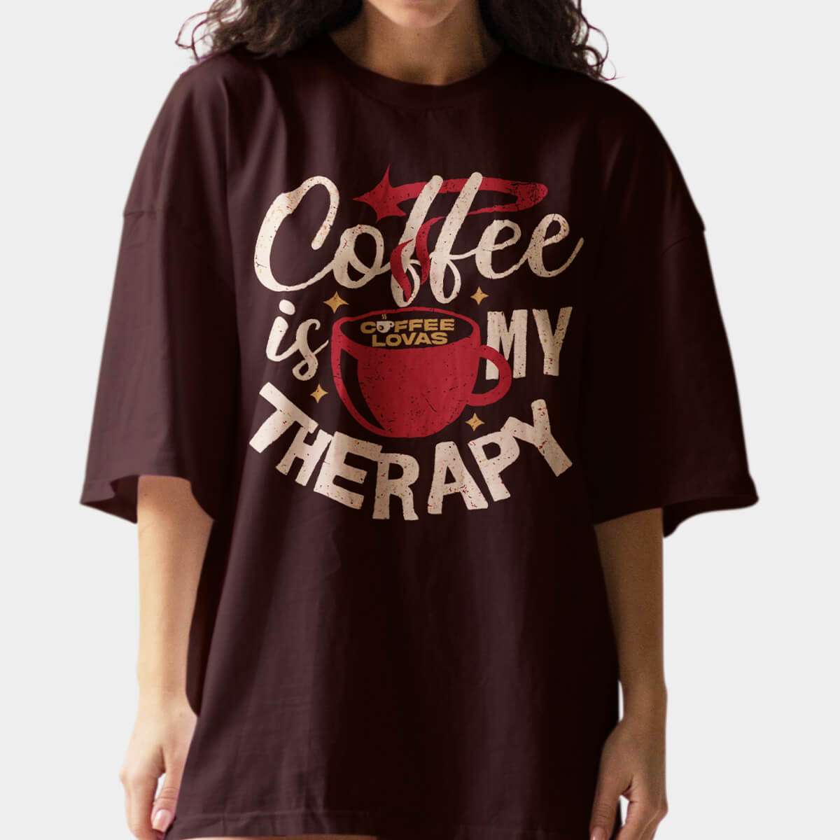 Dark Chocolate Coffee Is My Therapy tee with red mug and swirling steam graphic on model - front view