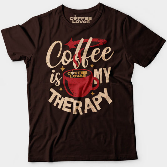 Dark Chocolate Coffee Is My Therapy tee with red mug and swirling steam graphic - front view