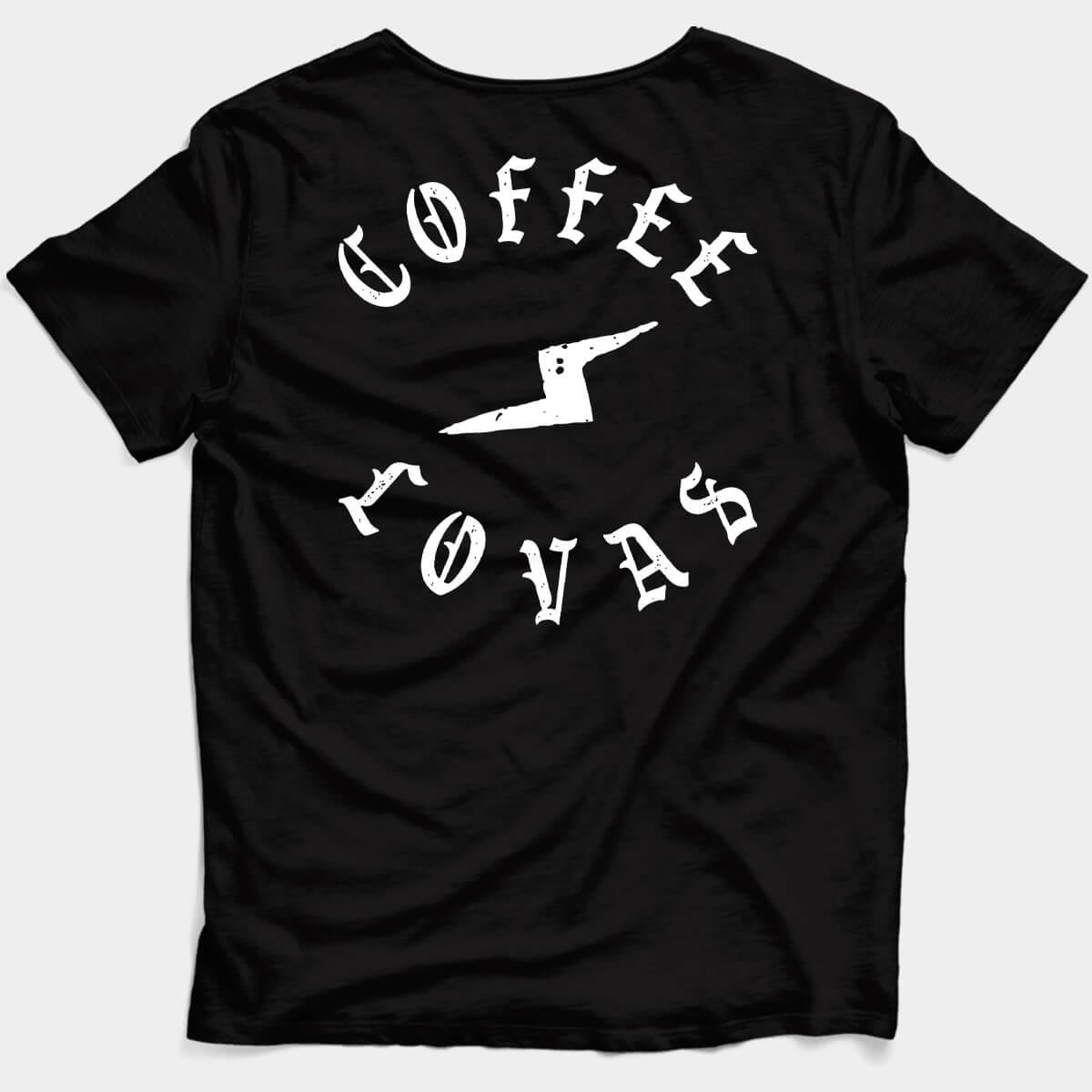 Black Coffee Lovas Bolt tee with distressed gothic lettering and lightning bolt - back view