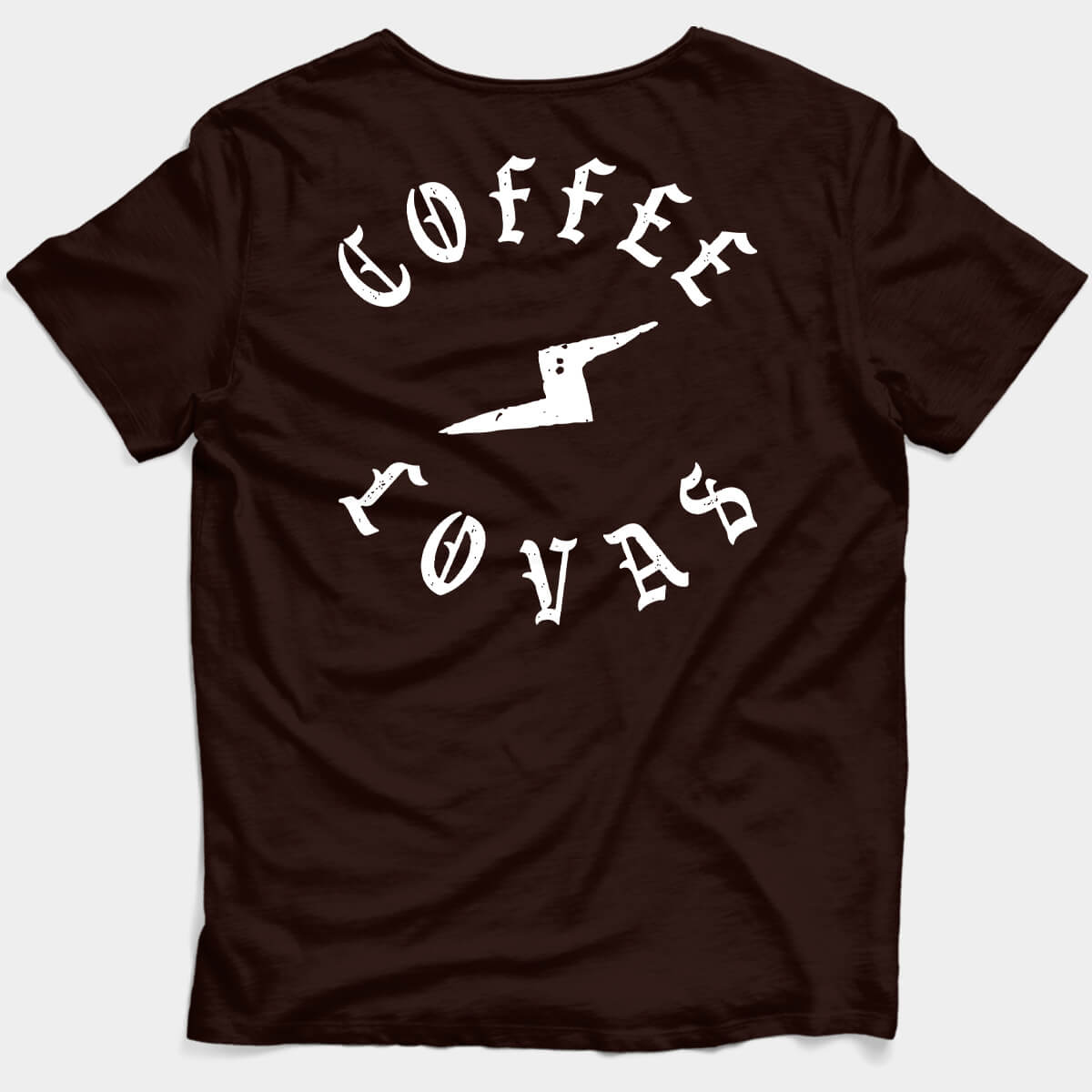 Dark Chocolate Coffee Lovas Bolt tee with distressed gothic lettering and lightning bolt - back view