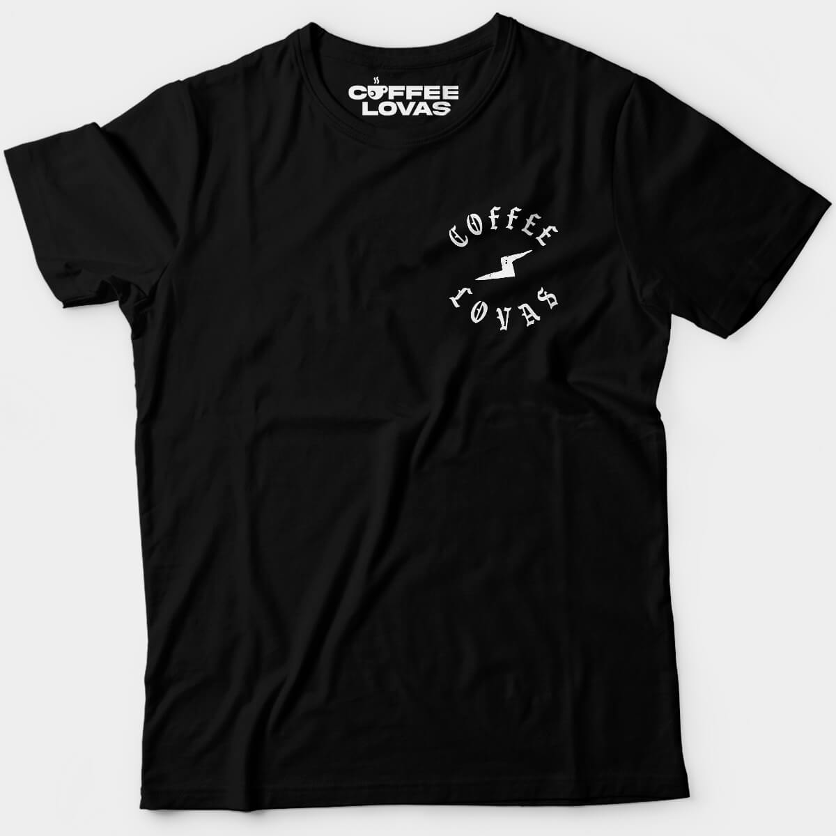 Black Coffee Lovas Bolt tee with distressed gothic lettering and lightning bolt - front view