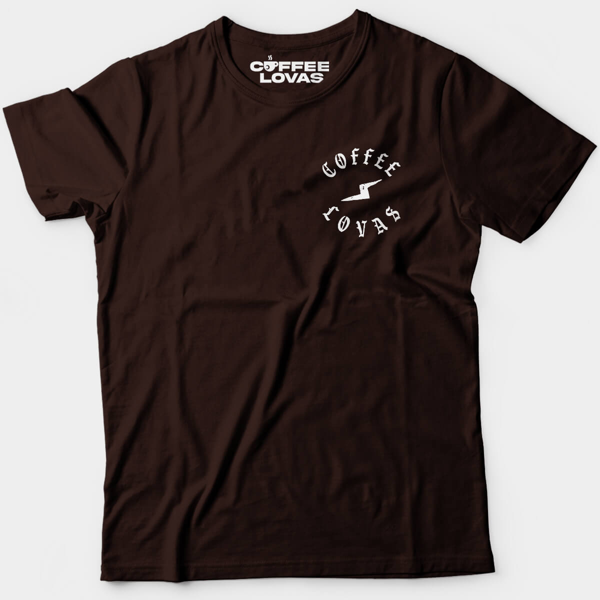 Dark Chocolate Coffee Lovas Bolt tee with distressed gothic lettering and lightning bolt - front view