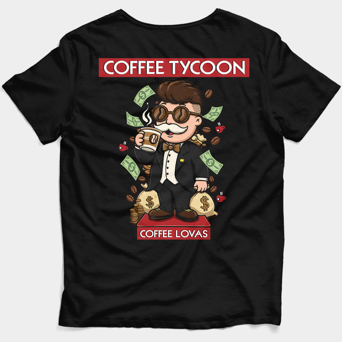 Coffee Tycoon graphic tee with money and beans raining down
