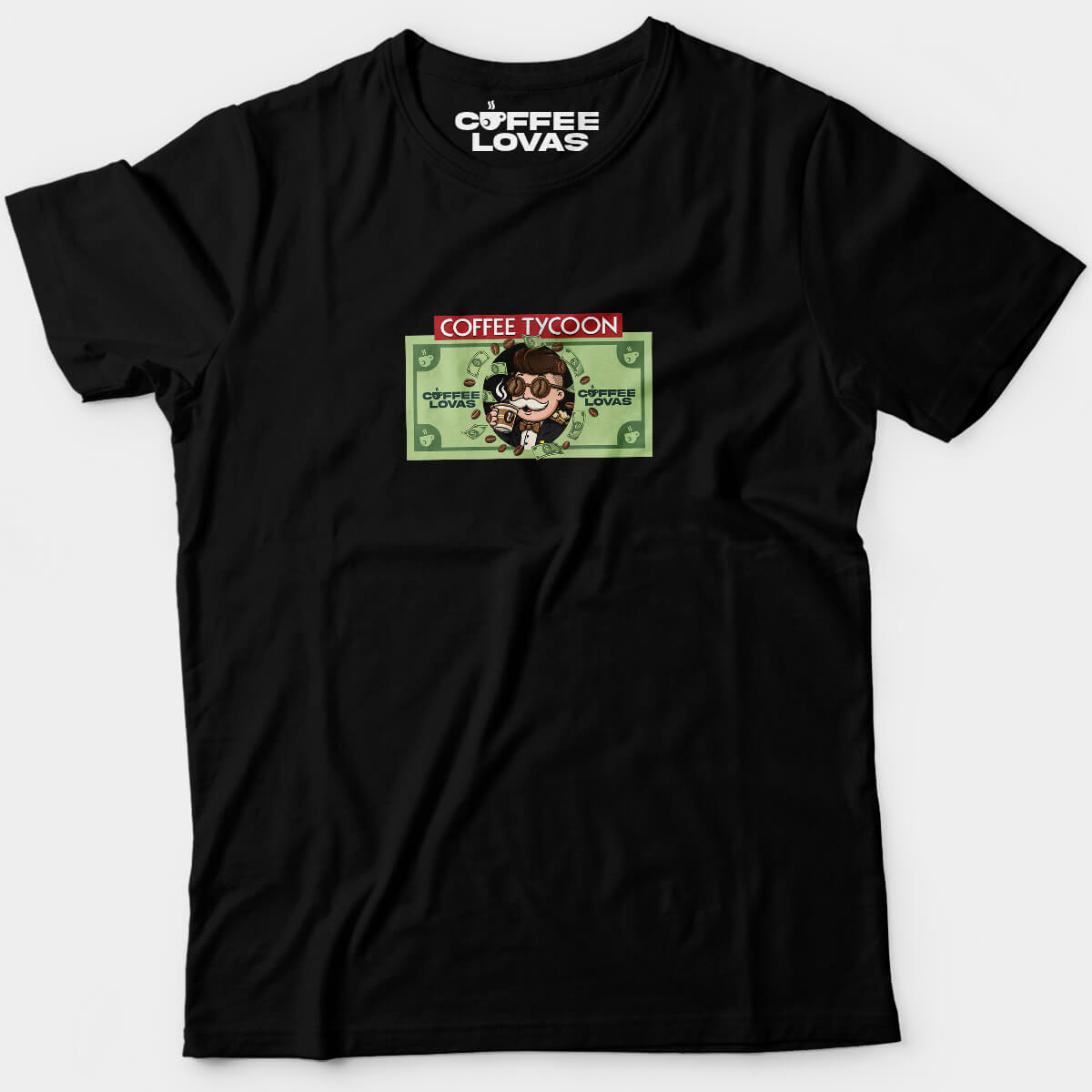 Stacks & Sips billionaire Black tee with coffee-powered mogul and dollar bill front print
