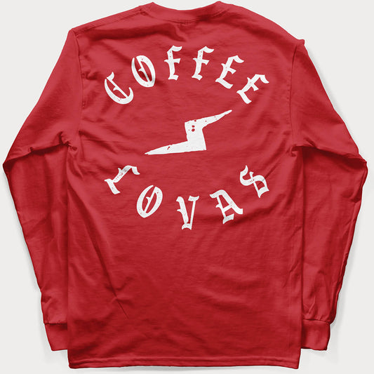 Coffee Lovas Bolt Long Sleeve Red T-Shirt - Back | Flat Lay