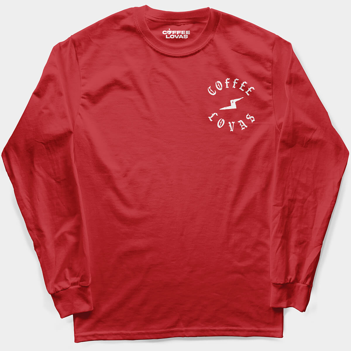 Coffee Lovas Bolt Long Sleeve Red T-Shirt - Front | Flat Lay