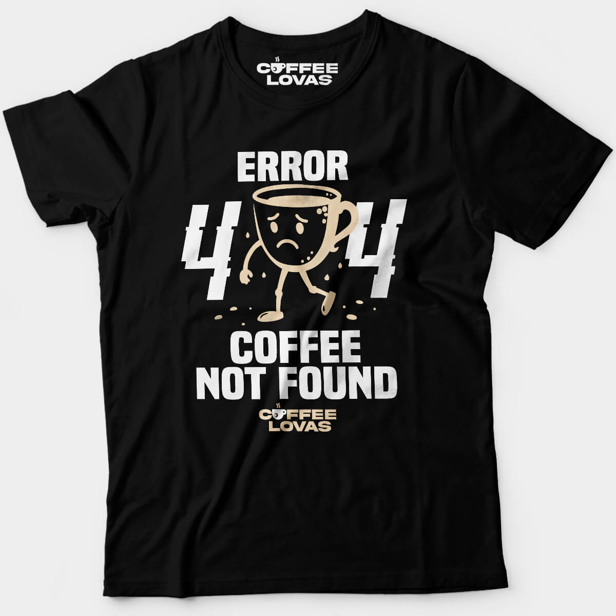 Black Coffee Not Found Tee with 404 error and sad coffee cup graphic - Funny caffeine tee for developers, coders, and caffeine addicts - front view