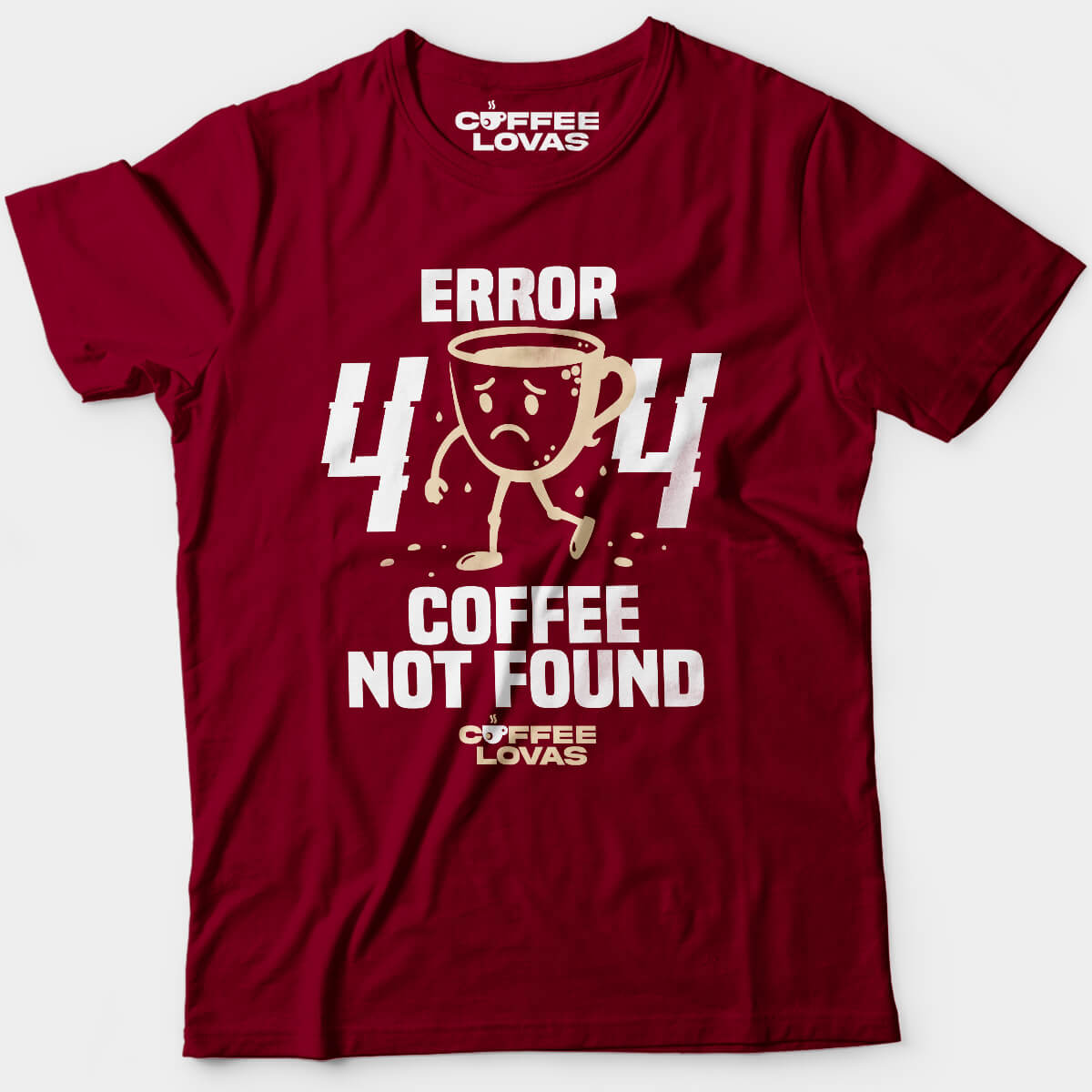 Cardinal Red Coffee Not Found Tee with 404 error and sad coffee cup graphic - Funny caffeine tee for developers, coders, and caffeine addicts - front view