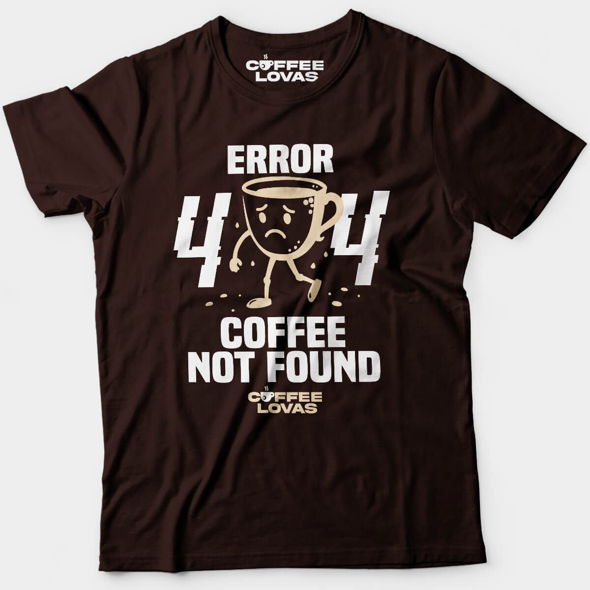 Dark Chocolate Coffee Not Found Tee with 404 error and sad coffee cup graphic - Funny caffeine tee for developers, coders, and caffeine addicts - front view