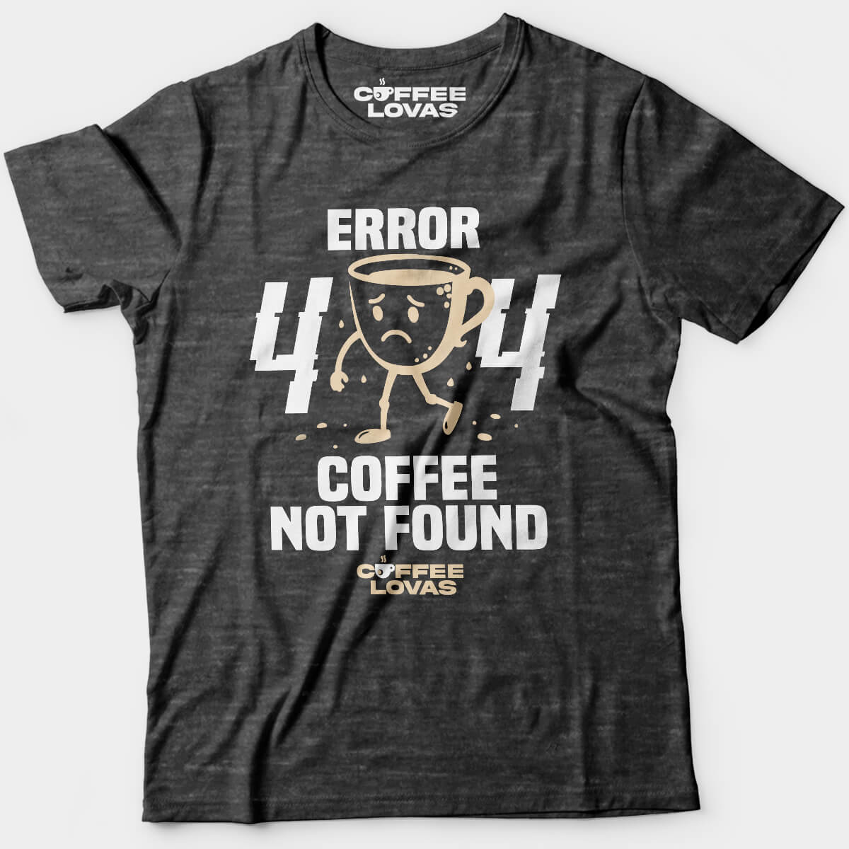 Dark Heather Coffee Not Found Tee with 404 error and sad coffee cup graphic - Funny caffeine tee for developers, coders, and caffeine addicts - front view