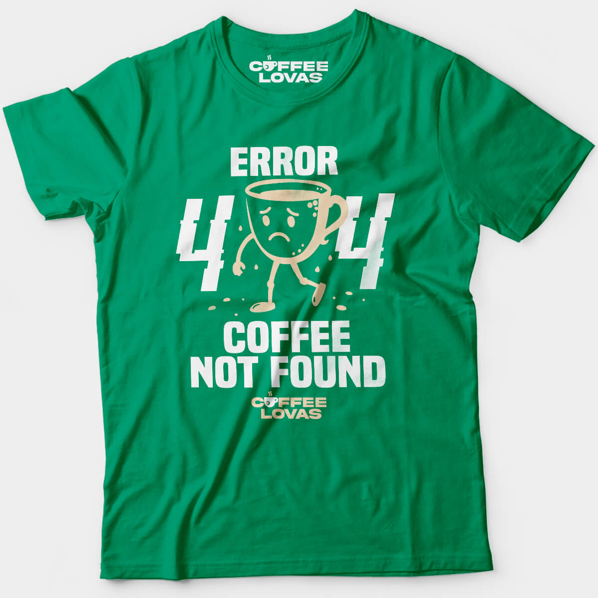 Irish Green Coffee Not Found Tee with 404 error and sad coffee cup graphic - Funny caffeine tee for developers, coders, and caffeine addicts - front view