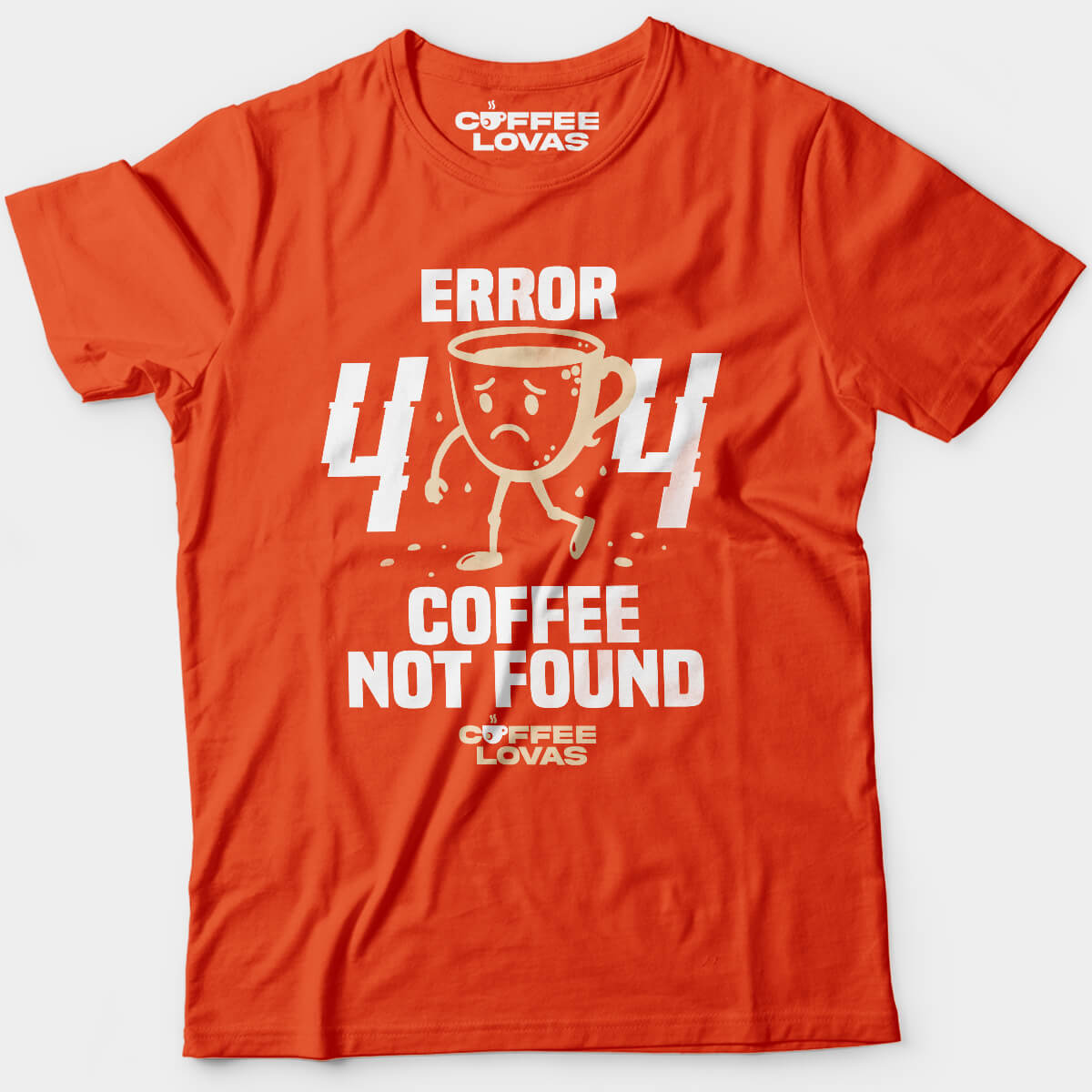 Orange Coffee Not Found Tee with 404 error and sad coffee cup graphic - Funny caffeine tee for developers, coders, and caffeine addicts - front view