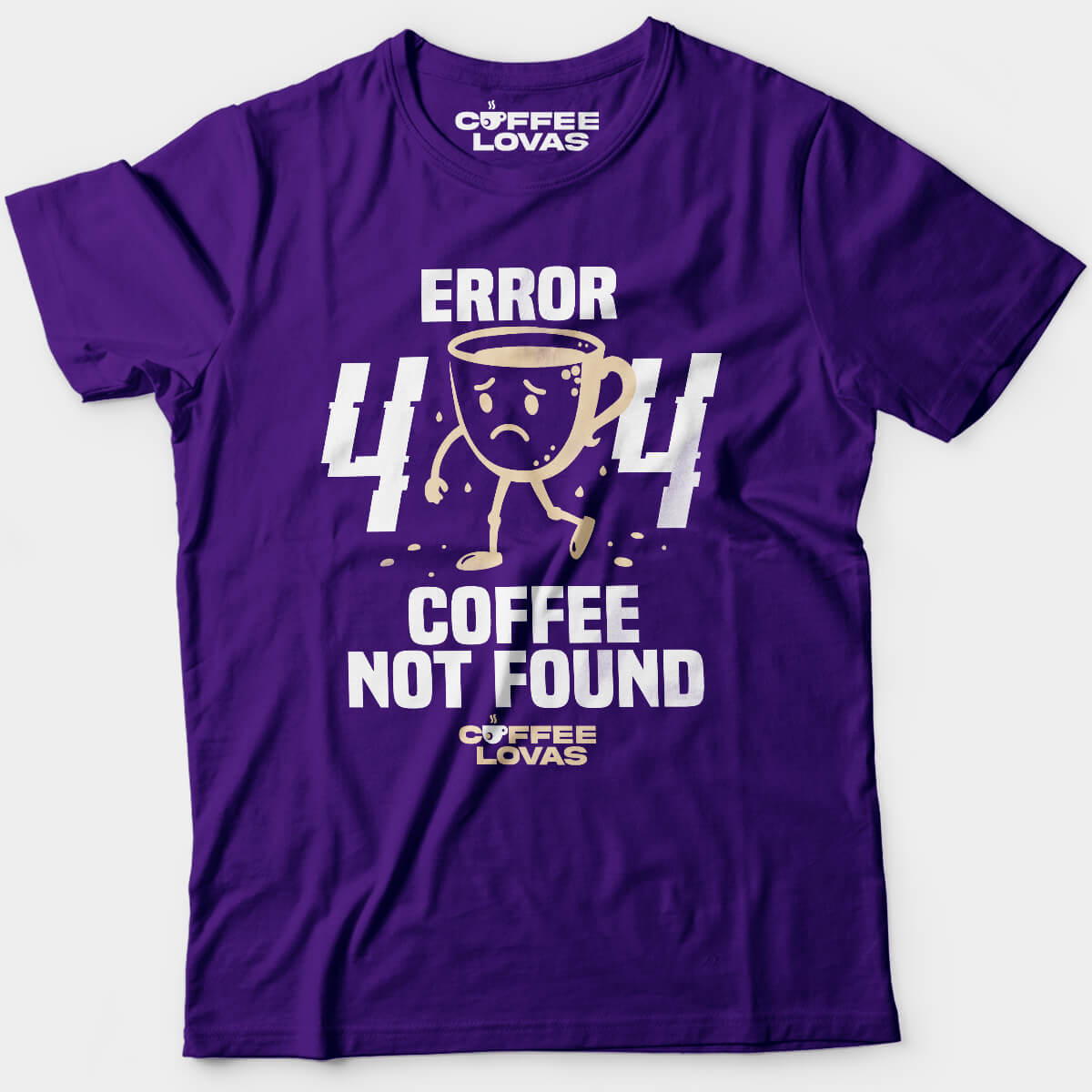 Purple Coffee Not Found Tee with 404 error and sad coffee cup graphic - Funny caffeine tee for developers, coders, and caffeine addicts - front view