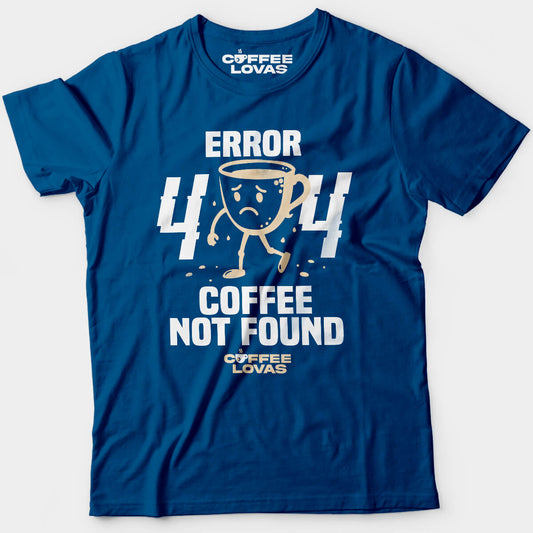 Royal Coffee Not Found Tee with 404 error and sad coffee cup graphic - Funny caffeine tee for developers, coders, and caffeine addicts - front view