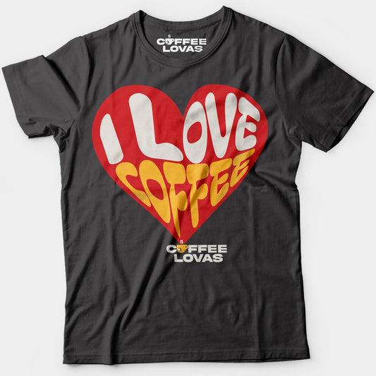 I Love Coffee Charcoal tee with bold red heart and retro lettering