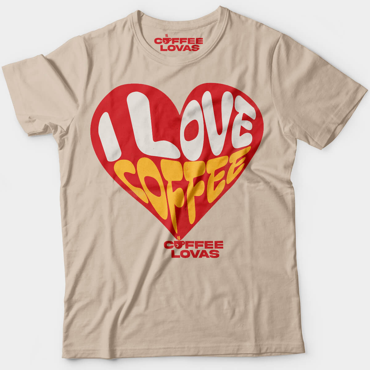 Sand I Love Coffee tee with bold red heart and retro lettering