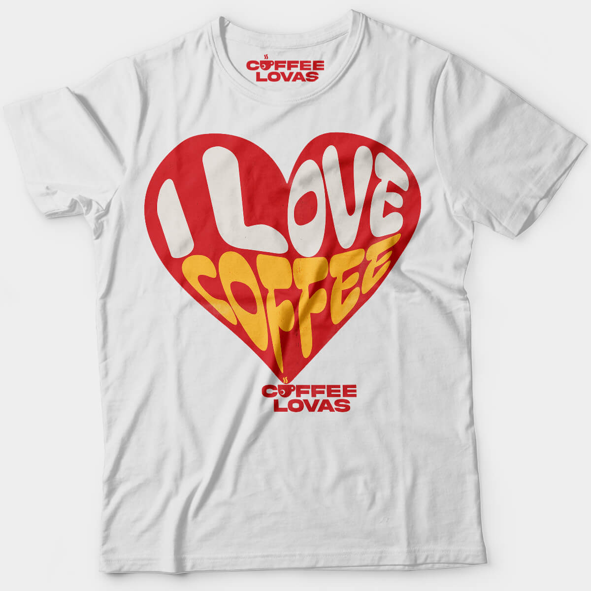White I Love Coffee tee with bold red heart and retro lettering