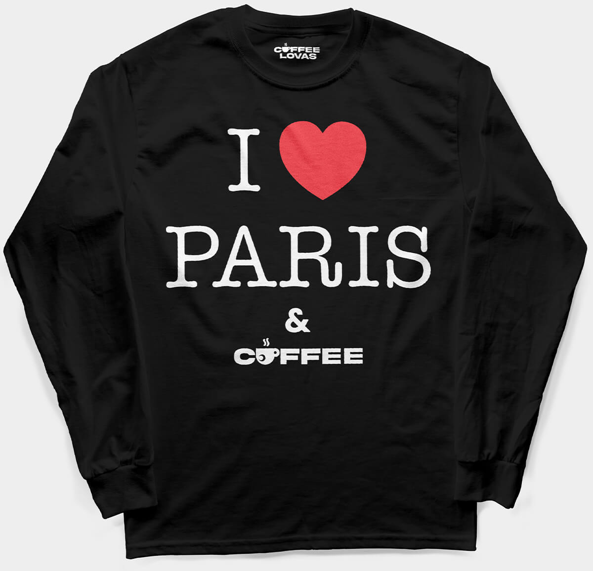 Black long sleeve t-shirt with I Love Paris & Coffee print