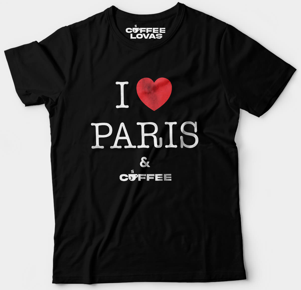 Front view of I Love Paris & Coffee T-shirt in black for espresso lovers with Paris style