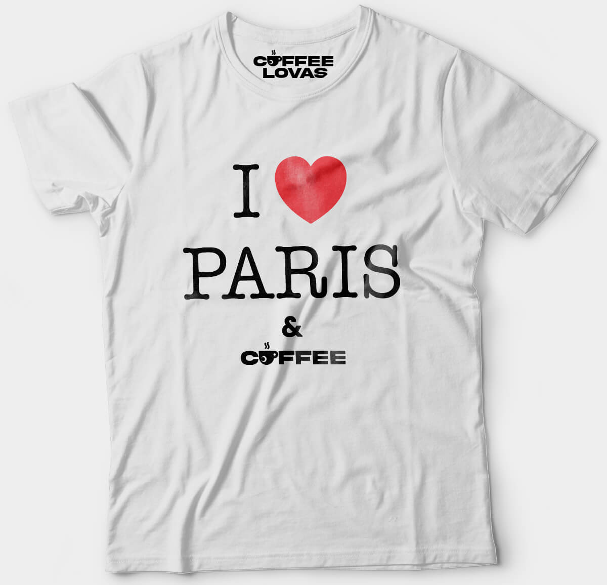 Front view of I Love Paris & Coffee T-shirt in white for espresso lovers with Paris style