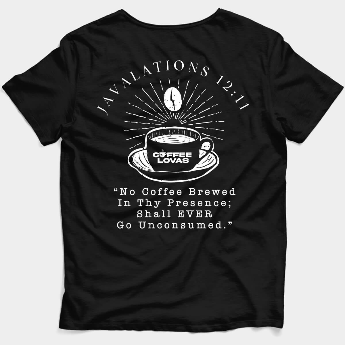 Black tee with steaming cup and coffee halo graphic