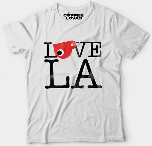 White Coffee Lovas tee with LA themed coffee design