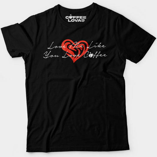 Love Like Coffee tee with red tribal heart and script text