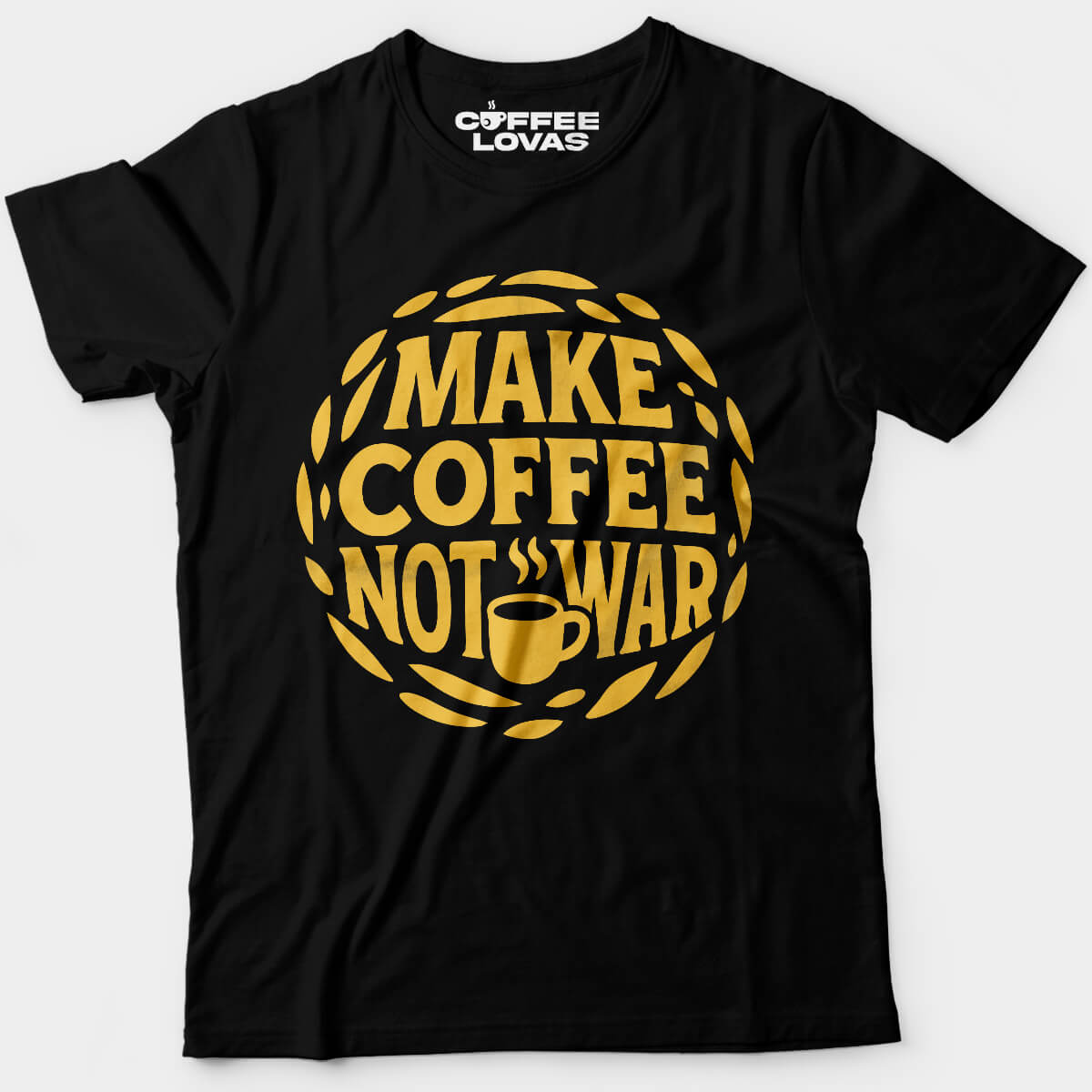 Black Make Coffee Not War tee with yellow retro text and coffee bean border