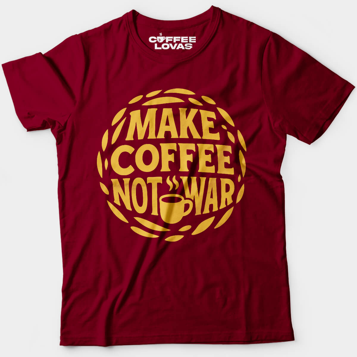 Cardinal Red Make Coffee Not War tee with yellow retro text and coffee bean border