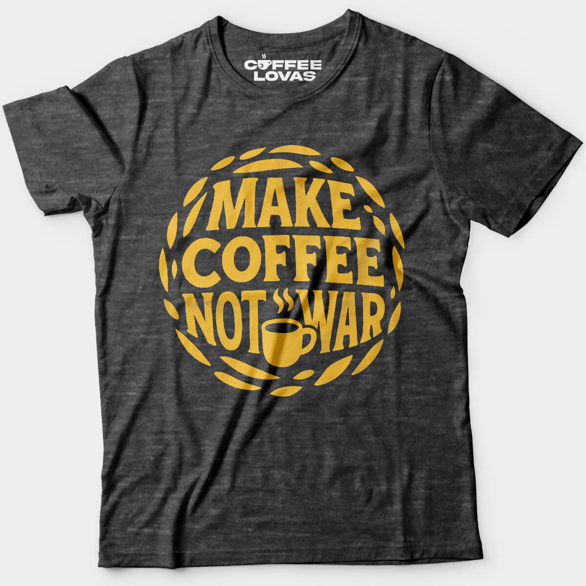 Dark Heather unisex peace-themed coffee shirt with steaming mug