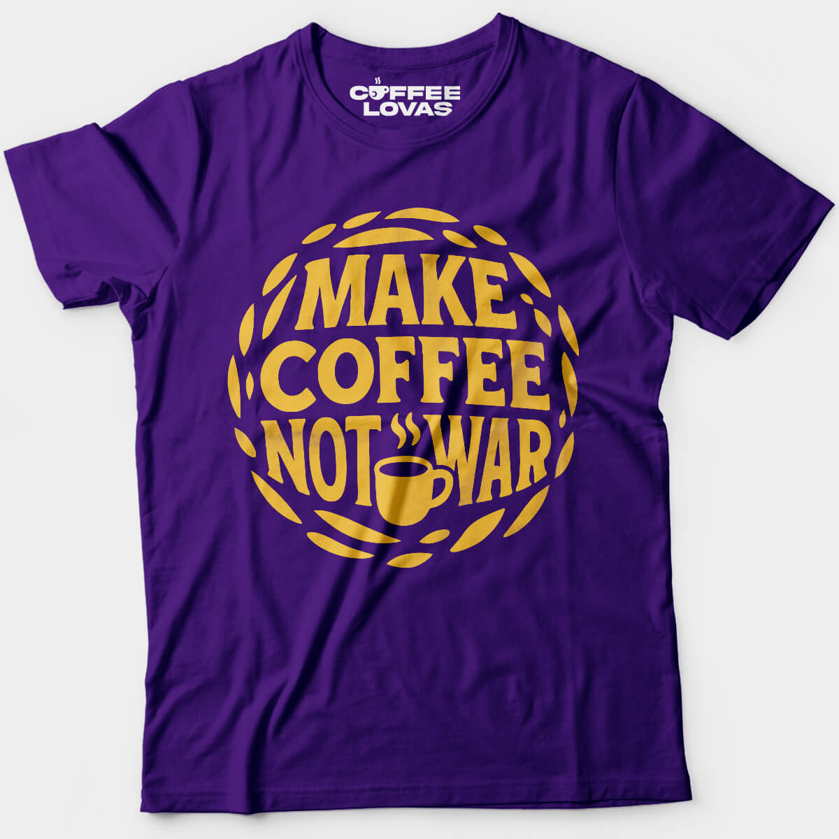 Purple unisex peace-themed coffee shirt with steaming mug