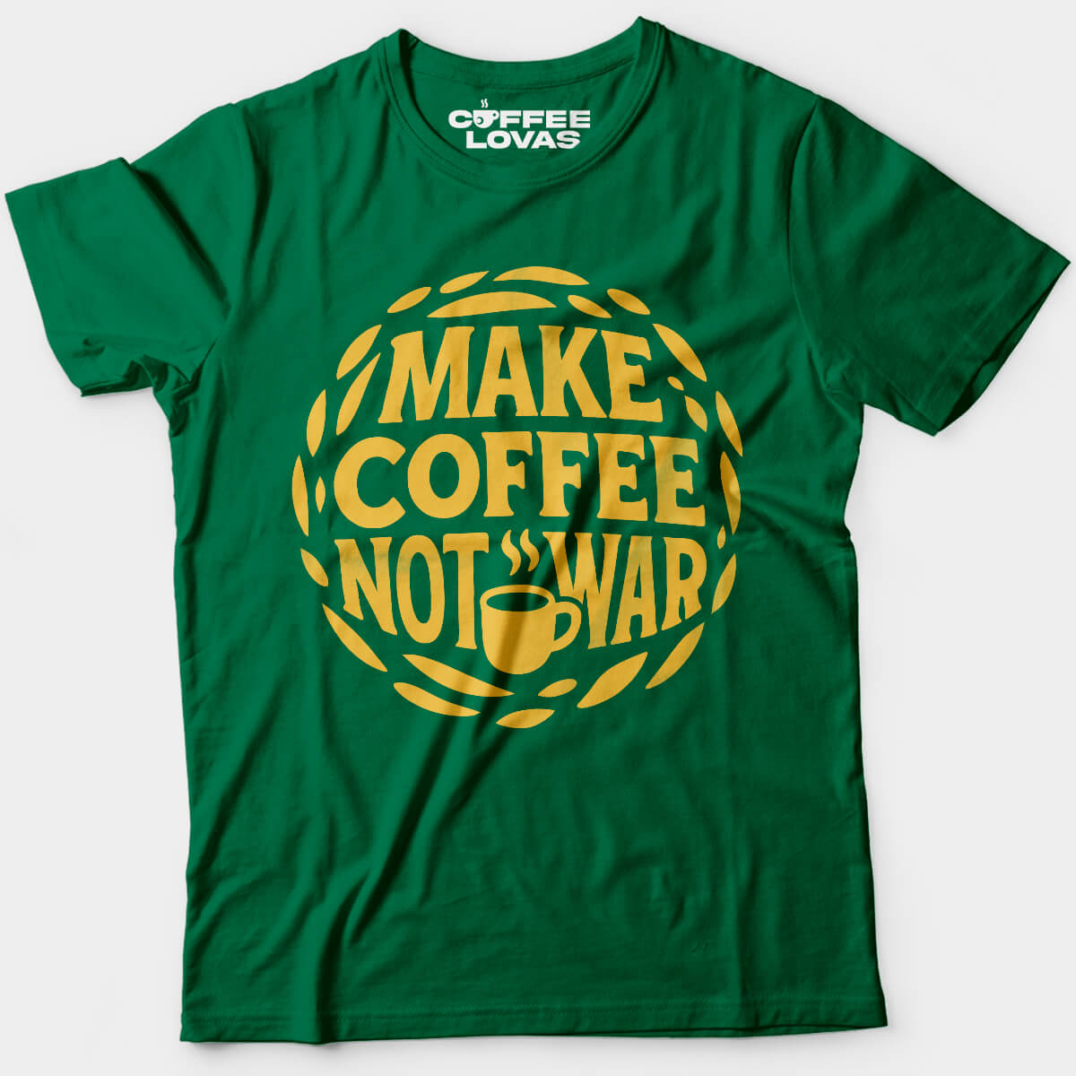 Turf Green unisex peace-themed coffee shirt with steaming mug