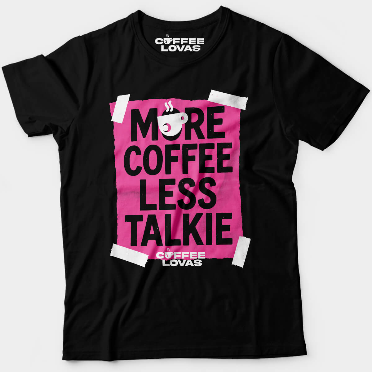 Black More Coffee Less Talkie t-shirt with pink square and coffee icon